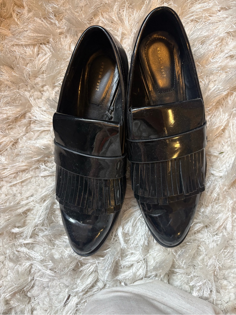 Zara Black Patent Fringe Slip-On Loafers